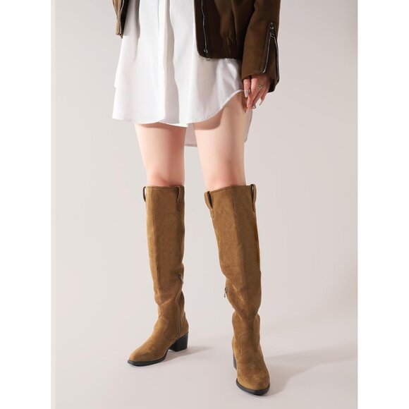 Women's Tan Faux Suede Over The Knee Thigh High Chunky Heel Pointed Toe Boots - Picture 5 of 6